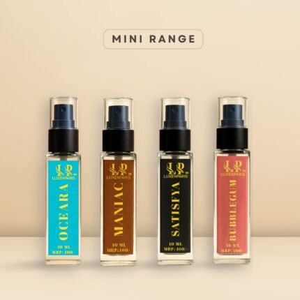 Instant Shots Perfume Set by LUXENPARIS | 10 ml × 4 Mini EDP | Maniac, Bubblegum, Oceara & Satisfya | Luxury Long-Lasting Unisex Eau de Parfum Travel Pack